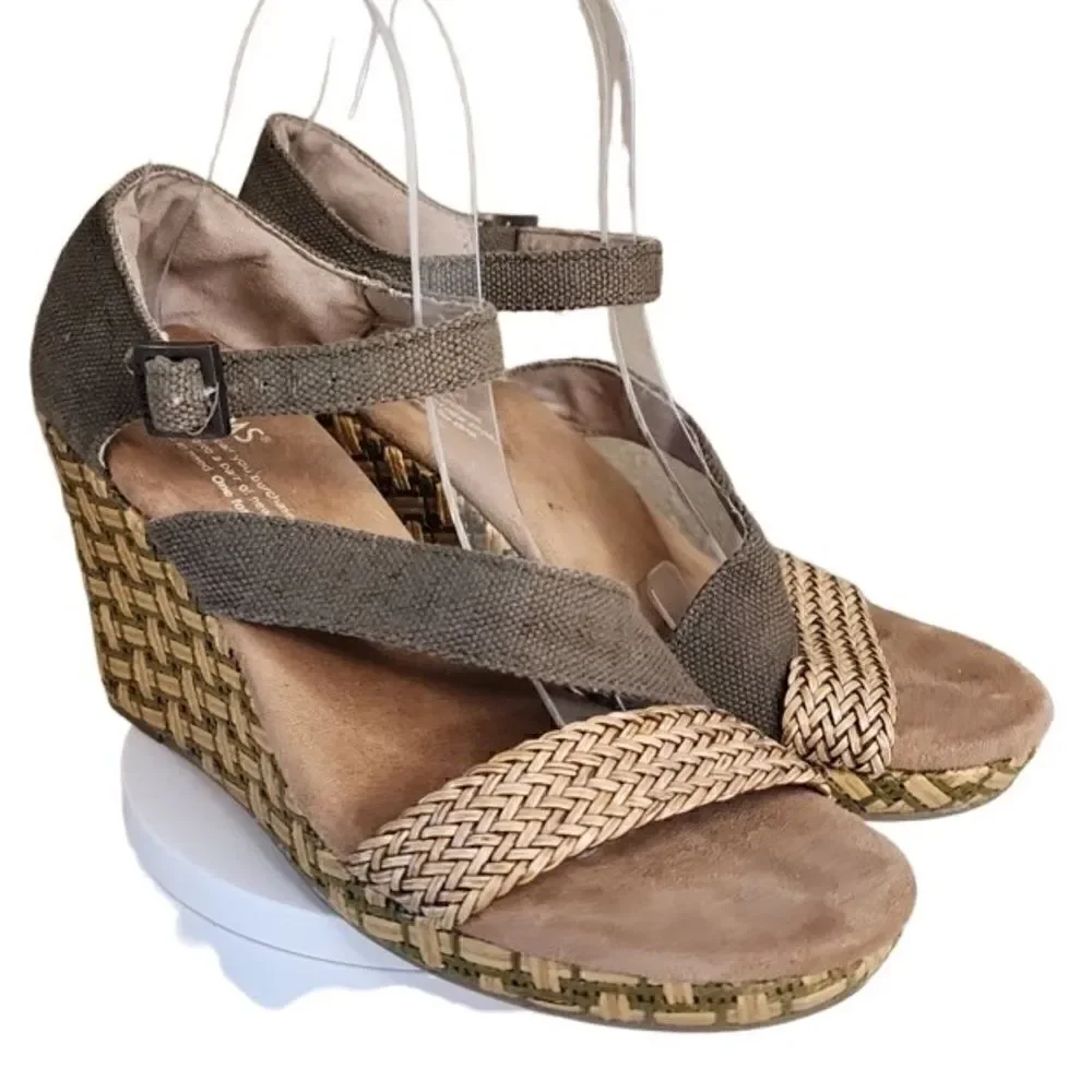 Toms- Clarissa Weaved Jute Wedges Olive Green Strappy, Size 7.5